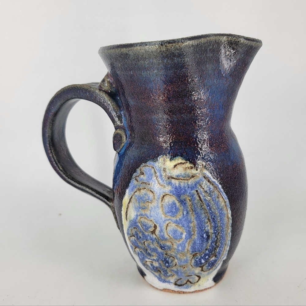Studio Art Pottery Signed Foster Hand Thrown Jug Blue‎ Purple Sgraffito Glazed